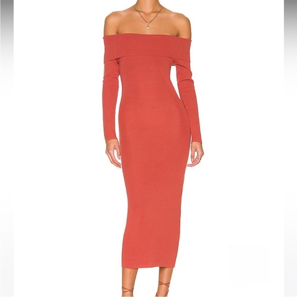 Bardot L Off Shoulder Ribbed Midi Dress‎ Rust Orange Bodycon Stretch